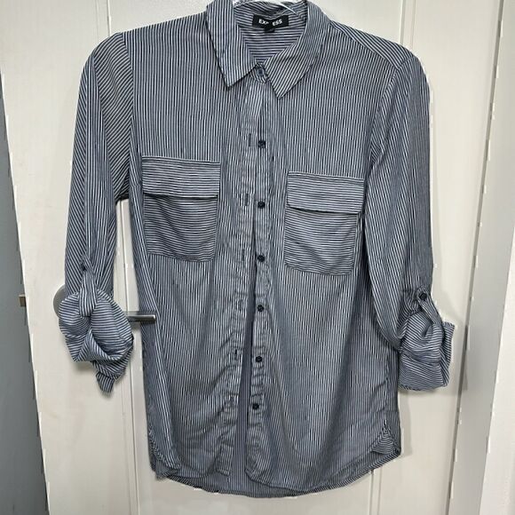 Express Women Shirt Navy White Vertical Striped Button Up Roll Sleeve Size XS TP - Picture 1 of 6